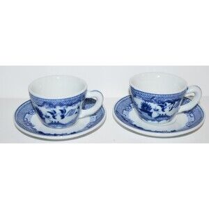Vtg Blue Willow Demitasse Cup & Saucer blue & white set of 2 Love Birds